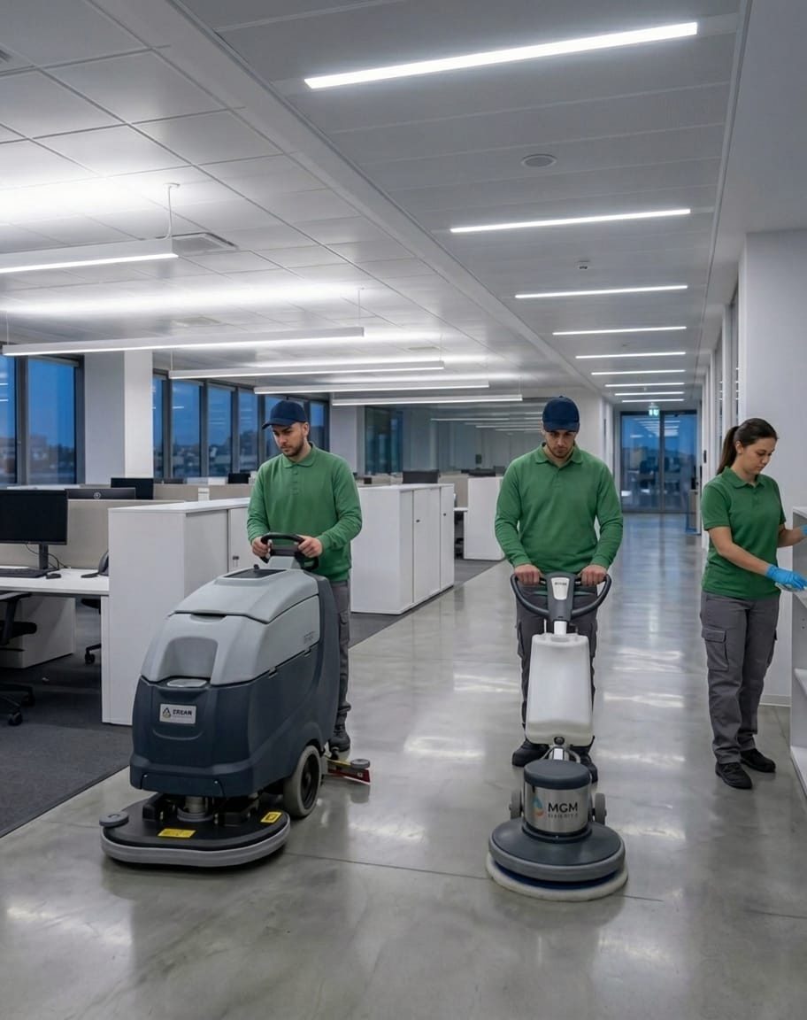Lavaggio meccanizzato di pavimenti in un ufficio direzionale