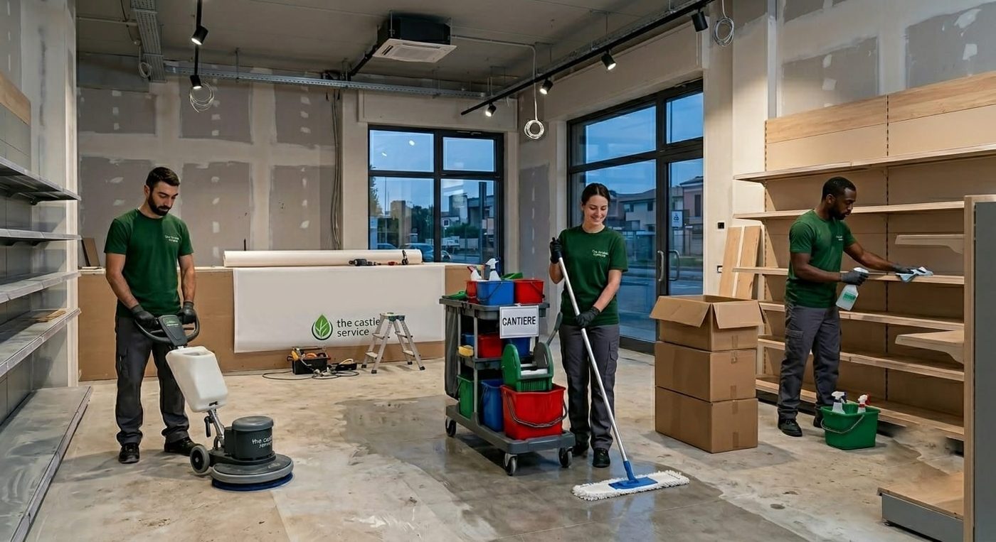 Pulizia di fine cantiere in un punto vendita in allestimento