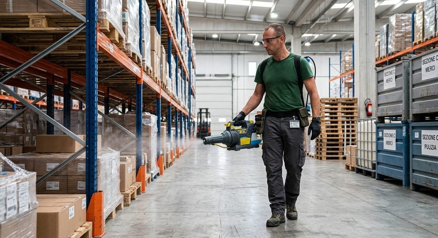 Intervento di sanificazione in un magazzino logistico